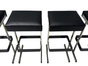 Four Mid-Century Modern Bar Stools with Black Leather Seats, 1970s